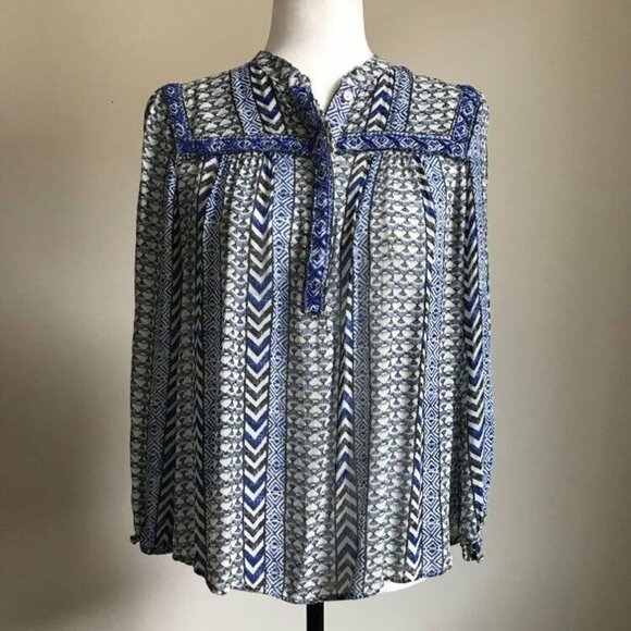 LUCKY BRAND Semi Sheer Blouse Top Size Small Blue Boho Peasant Beaded Detail - Picture 2 of 8